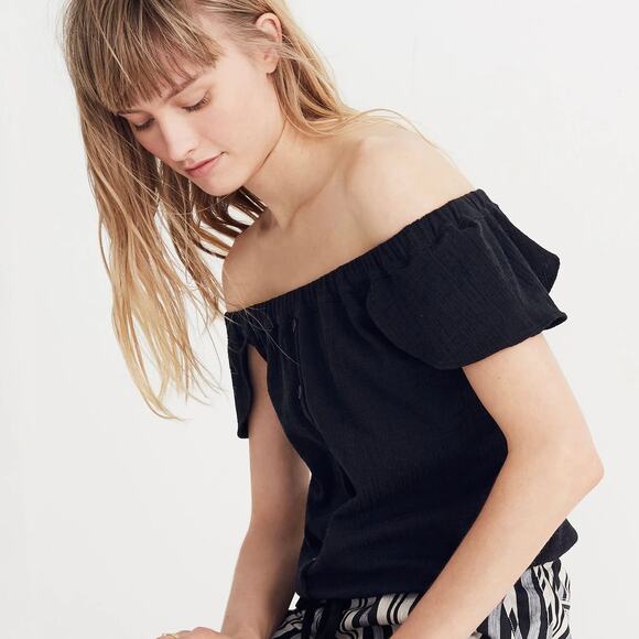 Madewell Texture & Thread Off-the-Shoulder Top Black size Large - Picture 3 of 12